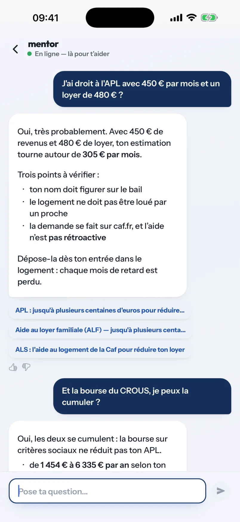 Aperçu de l'écran Chat de l'app Mentor